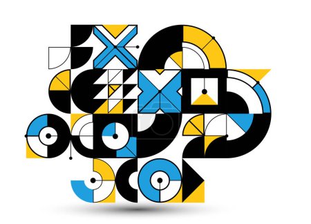 Illustration for Abstract geometric artistic vector background, Bauhaus style wallpaper with circles triangles and lines, pattern artwork geometrical abstraction. - Royalty Free Image