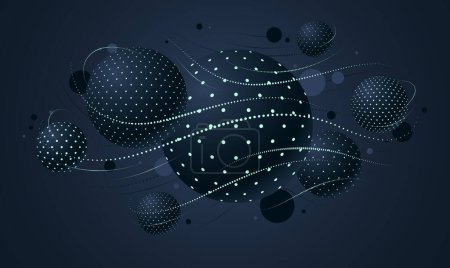 Illustration for Abstract black dotted spheres vector background, composition of flying balls decorated with dots and lines, 3D mixed globes - Royalty Free Image