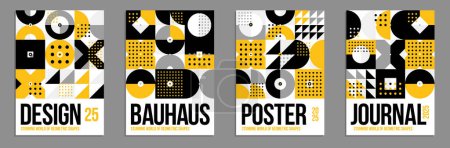 Illustration for Geometric vector posters and covers in Bauhaus style, layout for advertisement sheet, brochure or book cover, tiling mosaic pattern Memphis style abstraction. - Royalty Free Image