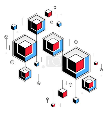 Ilustración de Fondo abstracto del vector geométrico de la tecnología sobre la red oscura, conectada de la tecnología de los cubos o el tema de la ciencia, abstracción digital del sistema. - Imagen libre de derechos