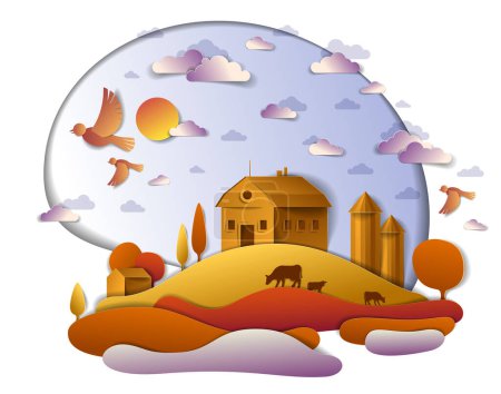 Ilustración de Granja en paisaje de otoño escénico de campos y árboles y edificios rurales de madera, aves y nubes en el cielo, rancho de leche de vaca, campo otoño vector de tiempo ilustración en estilo de corte de papel
. - Imagen libre de derechos