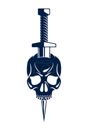 Ilustración de Cráneo asesinado por un emblema de vector vintage cuchillo daga o logotipo aislado en blanco, escudo de armas de estilo vintage cresta, pandilla criminalidad signo, tatuaje de estilo clásico. - Imagen libre de derechos