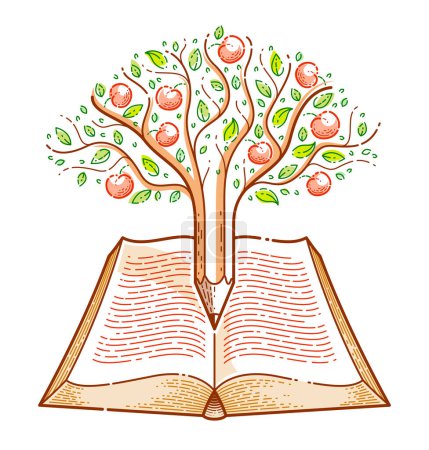 Ilustración de Árbol con manzanas combinado con lápiz sobre libro vintage abierto educación o ciencia conocimiento concepto, literatura educativa o científica biblioteca vector logotipo o emblema
. - Imagen libre de derechos