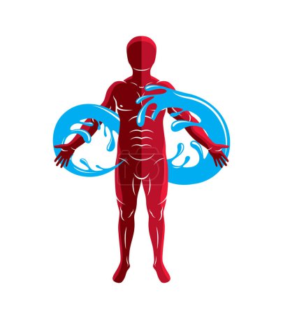 Illustration for Vector graphic illustration of muscular human, personality and the symbol of limitless created from water wave. Pure water as the most important resource for human activity. - Royalty Free Image