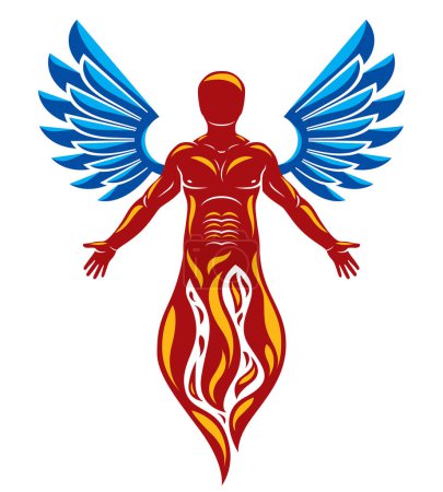 Illustration for Vector graphic illustration of strong male, body silhouette created with bird wings. Reborn from flame idea. - Royalty Free Image