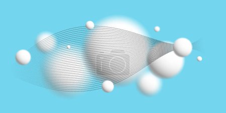 Ilustración de Esferas levitantes de luz desenfocada con partículas de onda que fluyen fondo de vector ambiental atmosférico sobre azul, bolas 3D papel pintado futurista suave y fácil. - Imagen libre de derechos