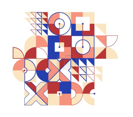 Illustration for Bauhaus style abstract geometric vector background with circles triangles and lines, geometrical abstraction art in ethnic colors, artistic pattern composition. - Royalty Free Image