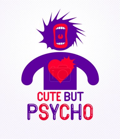 Illustration for Cute but psycho funny vector cartoon logo or poster with weird expression man icon and screaming mouth, t shirt print or social media picture. - Royalty Free Image
