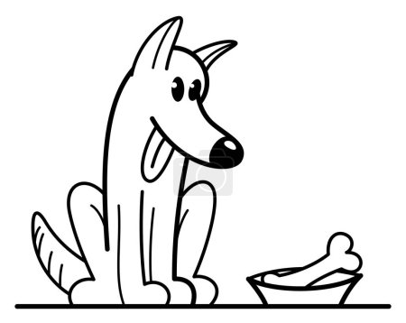 Ilustración de Divertido perro de dibujos animados sentado cerca de su tazón saciado y feliz vector ilustración de estilo plano aislado en blanco, lindo y adorable amigo animal doméstico. - Imagen libre de derechos