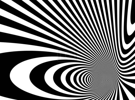 Illustration for Op art distorted perspective black and white lines in 3D motion abstract vector background, optical illusion insane linear pattern, artistic psychedelic illustration. - Royalty Free Image