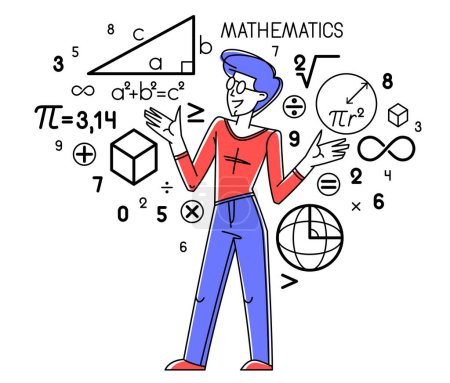 Illustration for Mathematics education vector with student learning math or teacher explaining lesson, mathematician working on some theoretical science. - Royalty Free Image