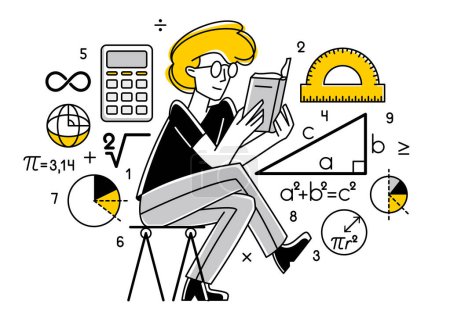 Téléchargez les illustrations : Mathematician working on some theoretical mathematics vector outline illustration, studying math in university, student learning or teacher explaining. - en licence libre de droit