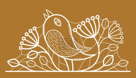 Illustration for Beautiful bird on a branch linear floral vector design on dark, leaves elegant text divider border element for layouts, fashion style classical emblem, luxury vintage graphics. - Royalty Free Image