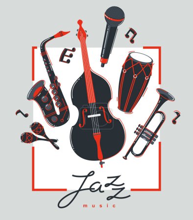 Illustration for Jazz music band poster different instruments vector flat illustration, live sound festival or concert advertising flyer or banner, play different instruments orchestra. - Royalty Free Image