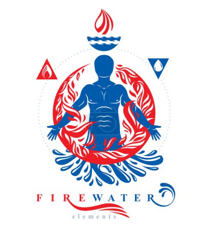 Illustration for Vector illustration of human, athlete created form water and surrounded by a fireball. Living in harmony with nature, environment protection concept. - Royalty Free Image