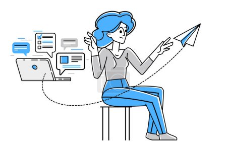 Ilustración de Online consultant working in support center helping and giving advices to customers, vector outline illustration, text messages in a messenger. - Imagen libre de derechos