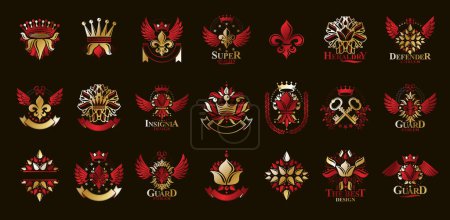 Illustration for De Lis and crowns vintage heraldic emblems vector big set, antique heraldry symbolic badges and awards collection with lily flower symbol, classic style design elements, family emblems. - Royalty Free Image