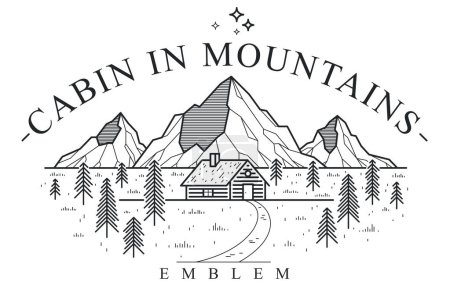 Illustration for Cabin in mountains linear vector nature emblem isolated on white, log cabin cottage for rest in pine forest, holidays and vacations theme line art logo. - Royalty Free Image