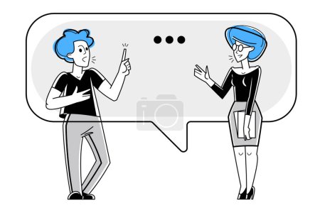 Illustration for Young man and woman having a dialog about work and business vector outline illustration, employees have a conversation. - Royalty Free Image