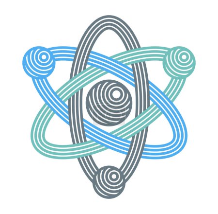 Ilustración de Símbolo de vector átomo en estilo lineal moderno aislado en blanco, icono de la ciencia o el logotipo de la partícula elemental, tema de aprendizaje de la educación física. - Imagen libre de derechos