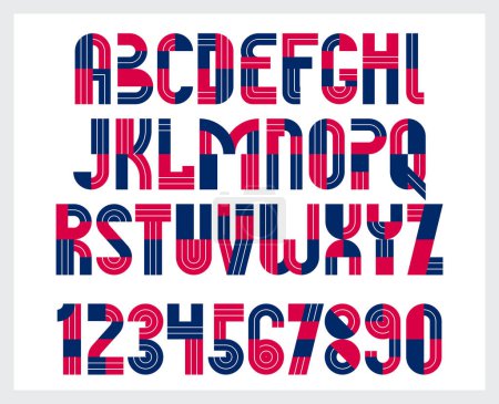 Schéma géométrique original de la police vectorielle, typographie géométrique alphabet lettres ensemble comprenant des chiffres, abstrait caractères uniques type.