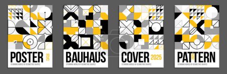Illustration for Geometric vector posters and covers in Bauhaus style, layout for advertisement sheet, tech engineering style shapes mechanical, brochure or book cover. - Royalty Free Image