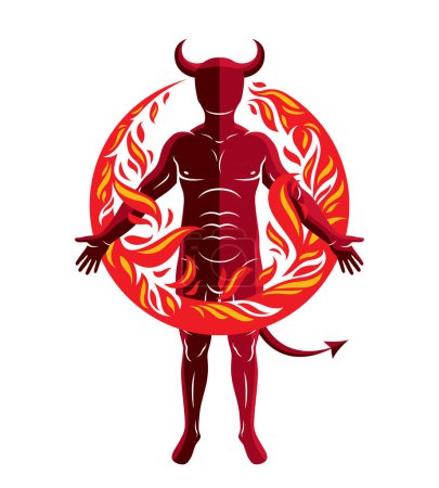 Illustration for Athletic horned man surrounded by a fireball. Vector illustration of mystic infernal demon, evil Lucifer. - Royalty Free Image