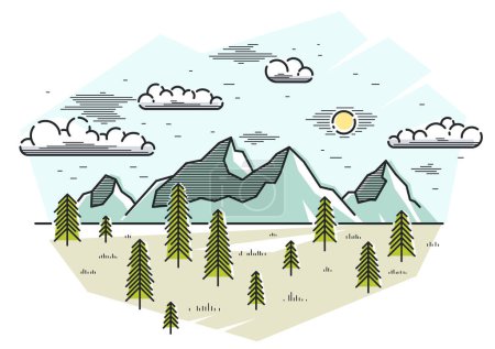 Illustration for Mountains range and pine forest linear vector illustration isolated on white, line art drawing of mountain peaks and woods wilderness wanderlust theme, beautiful nature landscape. - Royalty Free Image