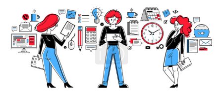 Téléchargez les illustrations : Team doing office work vector outline illustration, career in company for employees, teamwork business and paperwork, office workers. - en licence libre de droit
