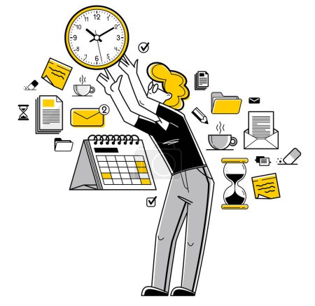 Téléchargez les illustrations : Business worker planning tasks and create time management vector outline illustration, productivity multitask prioritization, deadline and zero hour. - en licence libre de droit