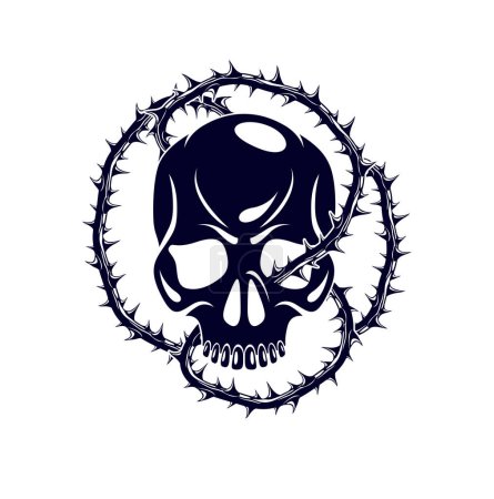 Ilustración de Cráneo con blackthorn vintage estilo clásico tatuaje vector, cabeza muerta sufrimiento mártir tema. - Imagen libre de derechos