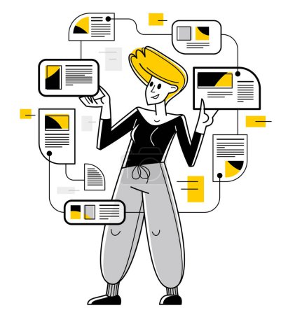 Téléchargez les illustrations : Intellectual worker woman making analysis of some data on pc or web, data systematization, collecting and analyzing information, vector outline illustration. - en licence libre de droit