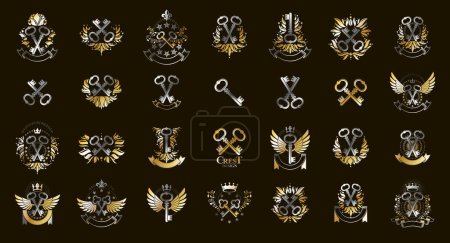 Illustration for Vintage keys vector logos or emblems, heraldic design elements big set, classic style heraldry turnkeys symbols, antique secrets and locks. - Royalty Free Image