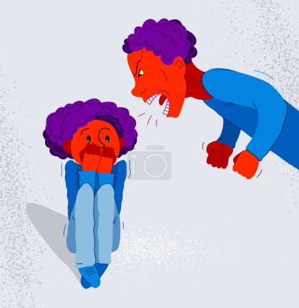 Illustration for Abusive father vector illustration, bad father scream and shout on little scared girl his daughter, domestic violence, victim child, despotic parent, psychological violence abuse. - Royalty Free Image