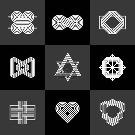 Ilustración de Colección de iconos de estilo vintage de líneas entrelazadas, conjunto de vectores de símbolos lineales geométricos abstractos, elementos de diseño gráfico para la creación de logotipos. - Imagen libre de derechos
