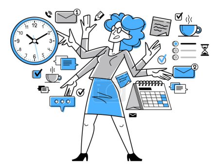 Illustration for Time management vector outline illustration, worker planning deadline and prioritize tasks, business productiveness agenda, zero hour. - Royalty Free Image