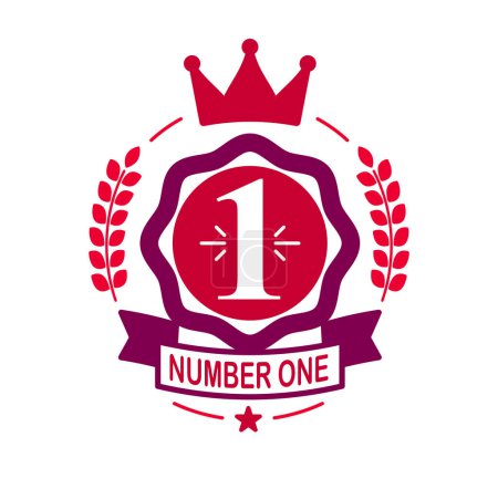 Illustration for Number one and first place vector label or emblem illustration isolated, icon or logo graphic design in classical style, business success leadership and victory theme. - Royalty Free Image