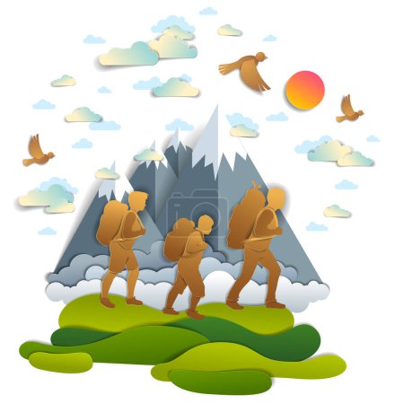 Illustration for Happy active family hiking through grasslands to mountains, birds in the summer sky. Father mother and son hikers having time of freedom in nature summer holidays, vector illustration. - Royalty Free Image