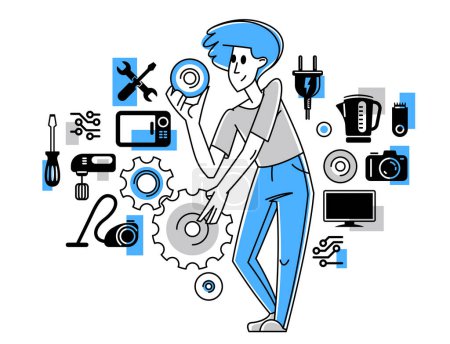 Illustration for Technician engineer repairing household appliances, repairman service vector outline illustration, engineer fixing and upgrading different technics. - Royalty Free Image