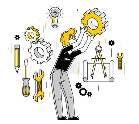 Illustration for Mechanic engineer working on a draft plan vector illustration, inventor or repair job, engineering machine industry, system technician. - Royalty Free Image