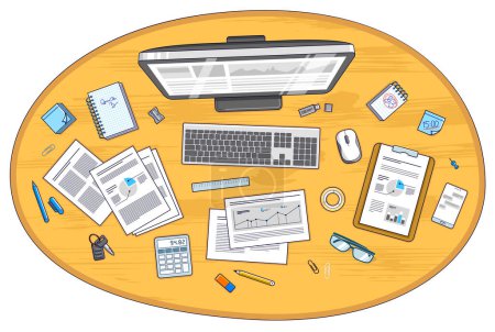 Illustration for Office employee or entrepreneur work desk workplace with PC computer and analytics papers with graphs and data and stationery objects on table. All elements are easy to use separately. Vector. - Royalty Free Image