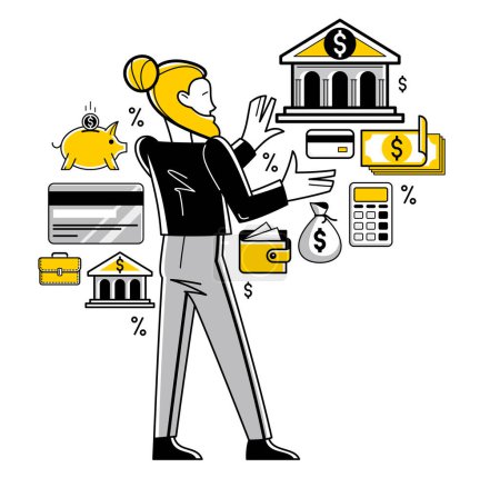 Illustration for Banking vector outline illustration, manager working with finances or customer manages his account with deposit or credit, personal savings. - Royalty Free Image