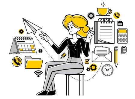Illustration for Office worker doing everyday job vector outline illustration, career in company for employee, business and paperwork, manager. - Royalty Free Image