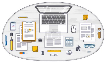 Illustration for Office employee or entrepreneur work desk workplace with laptop computer and analytics papers with graphs and data and stationery objects on table. All elements are easy to use separately. Vector. - Royalty Free Image