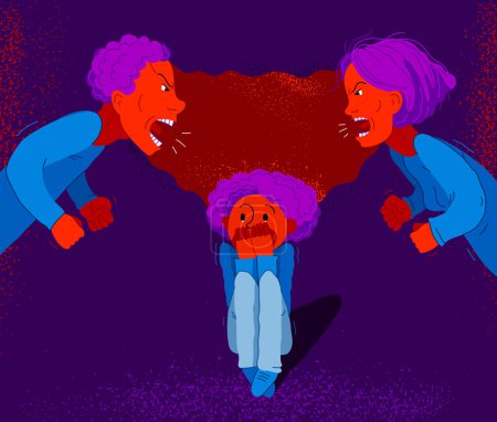 Illustration for Quarrel between parents make child suffer, little scared boy sun is a victim because of his father and mother aggressively arguing, vector illustration, domestic violence and abuse. - Royalty Free Image