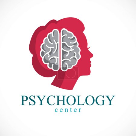 Ilustración de Concepto de psicología vector logo o icono creado con cerebro anatómico humano dentro del perfil facial de la mujer, concepto de salud mental, análisis psicoanalítico y psicoterapia. - Imagen libre de derechos