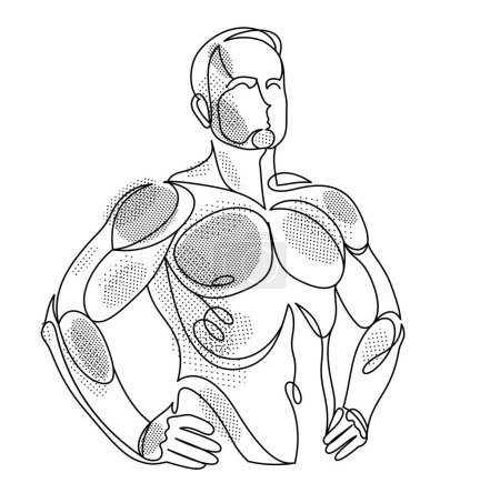 Illustration for Linear drawing of a perfect body fit model man posing vector illustration isolated, muscular macho sexy guy with naked torso topless. - Royalty Free Image