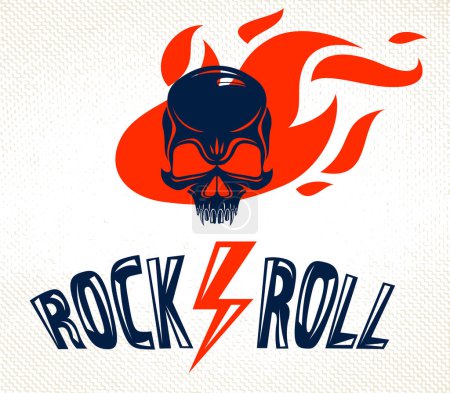 Illustration for Skull in a flames Hard Rock music vector logo or emblem, aggressive skull dead head on fire Rock and Roll label, Punk festival concert or club, musical instruments shop or recording studio. - Royalty Free Image