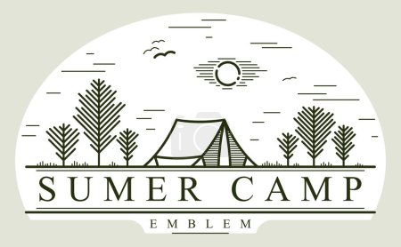 Illustration for Camping tent in pine forest vector linear emblem isolated on white, holidays and vacations in woods line art, design wanderlust logo. - Royalty Free Image