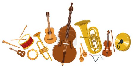 Illustration for Classical music instruments composition vector flat style illustration isolated on white, classic orchestra acoustic sound, concert or festival live sound. - Royalty Free Image